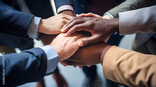 Close up of a group of business people putting their hands together at meeting room. Stack of hands. Unity and teamwork concept. © AspctStyle