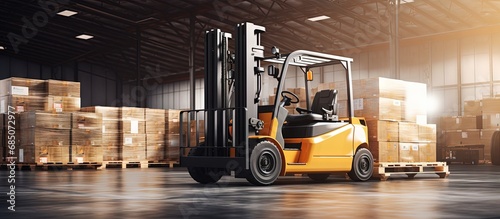 Loading and unloading cargo with a forklift onto a container at the warehouse dock copy space image photo