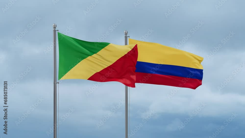 Colombia and Congo-Brazzaville flag waving together on cloudy sky, endless seamless loop, two country cooperation concept Colombia and Congo-Brazzaville flag waving together on cloudy sky, endless seamless loop, two country cooperation concept