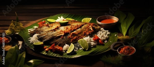 Here s a picture of the Kerala style fish fry cooked with traditional spices and banana leaf copy space image photo