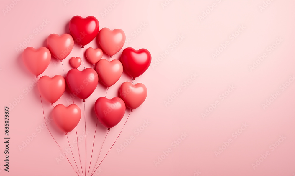Valentine's day background with red and pink hearts like balloons and gifts on pink background