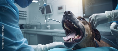 Dog s teeth with tartar being examined by a vet in a pet clinic copy space image photo