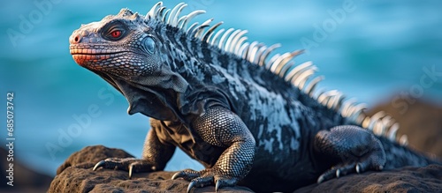 Galapagos marine iguana on volcanic rocks copy space image