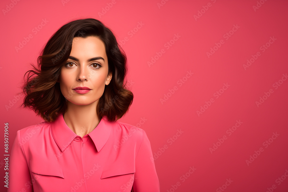 a European woman in her 30s. pink background a European woman in her 30s. pink background