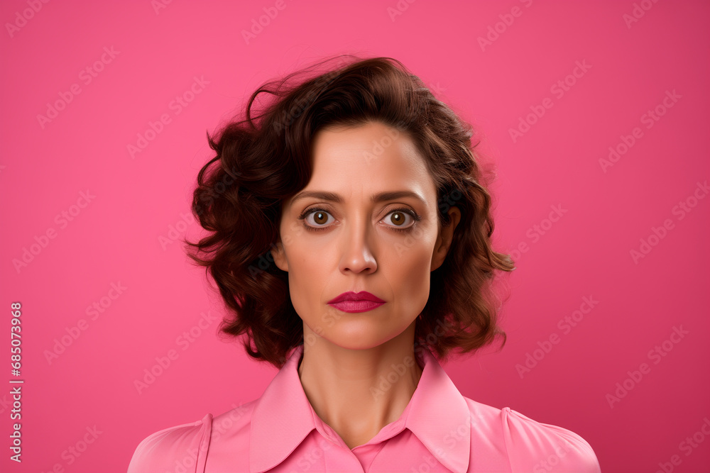 a European woman in her 30s. pink background a European woman in her 30s. pink background