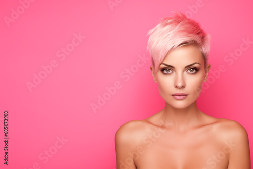 a European woman in her 30s. pink background