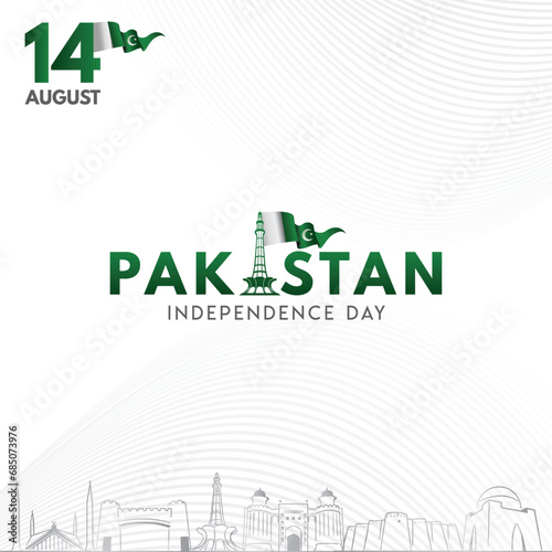 14th august jashn-e-azadi Mubarak. Happy independence day Pakistan with colorful skyline Vector illustration.