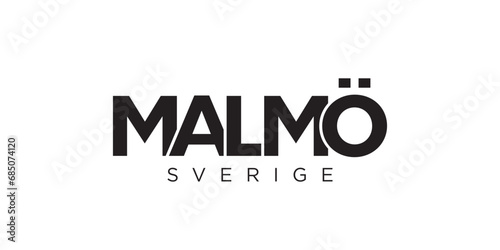 Malmo in the Sweden emblem. The design features a geometric style, vector illustration with bold typography in a modern font. The graphic slogan lettering.