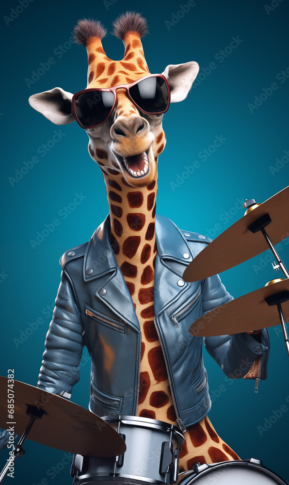 Schlagzeug spielende Giraffe vor blauen Hintergrund - obrazy, fototapety, plakaty 