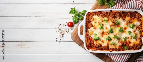 Italian beef lasagna with ground beef marinara sauce pasta noodles ricotta cheese and a cake shovel on a white wood table copy space image photo