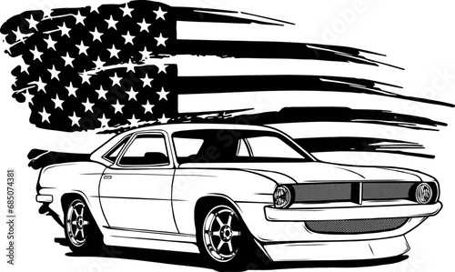 Muscle cars line art. Automotive vector illustration. Vintage sports car design for label, badge, advertisement or sign.