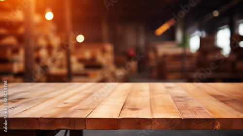 Empty wooden table top with blur wine cellar background photo