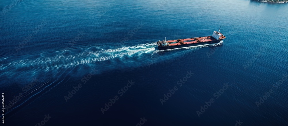 Drone captures tug boat towing empty barge at sea copy space image - obrazy, fototapety, plakaty 