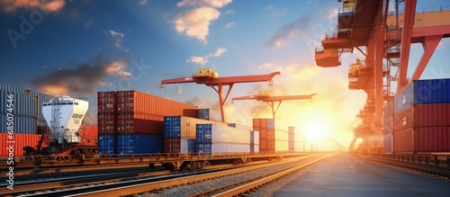 Logistics industry utilizes trains planes and ships for transporting goods copy space image photo