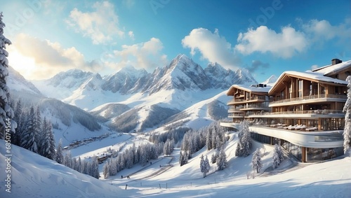 Luxurious ski resort with modern architecture set against a backdrop of snowy peaks and frosted pines under a serene sky