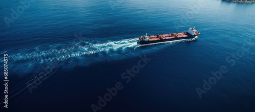Drone captures tug boat towing empty barge at sea copy space image photo