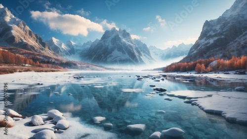 Majestic mountain landscape with a frozen lake and autumnal forests under a serene sky