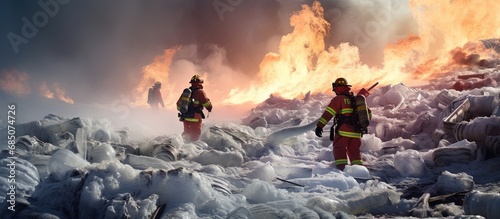 Firefighters utilize foam to suppress a major fire involving abundant plastic debris copy space image photo