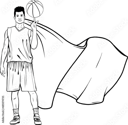 Basketball player in action with a ball isolated on white background outline vector illustration