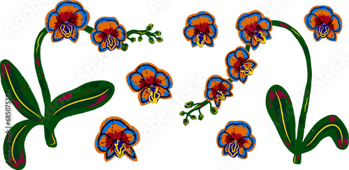 Orchid flowers on stems, exotic tropical plants. Vector grainy set of texture elements, cartoon style, doodle, grunge texture, colored pencil, old paint, crayon, pastel, crayon. Vector collection.