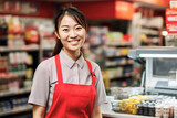 Asian Young woman is working in supermarket, Asian Owner of grocery store