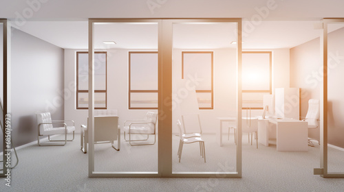 Modern office Cabinet.  3D rendering.   Meeting room. Sunset.