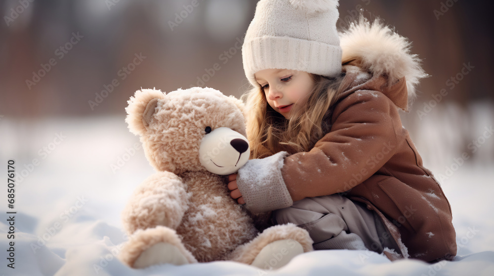 Happy cheerful little girl in winter with teddy bear on snow field. Friendship, best friend concept. Happy cheerful little girl in winter with teddy bear on snow field. Friendship, best friend concept.