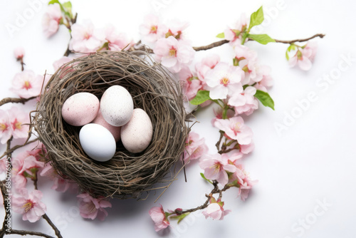 Spring celebration white easter nature background decorated nest greeting holiday eggs happy