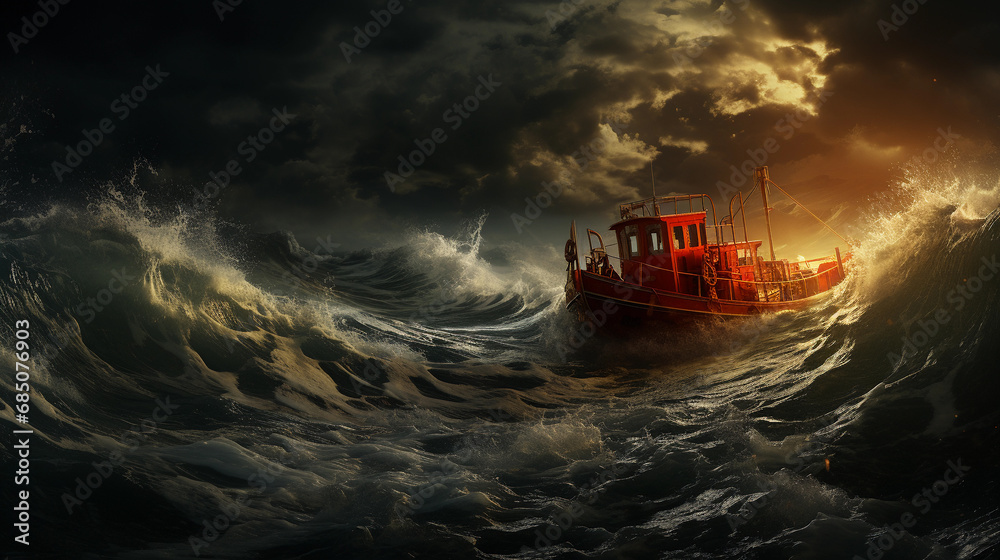 Foto de Small fishing boat in a storm at middle of the ocean, huge ...