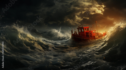 Small fishing boat in a storm at middle of the ocean, huge waves and dark sky photo