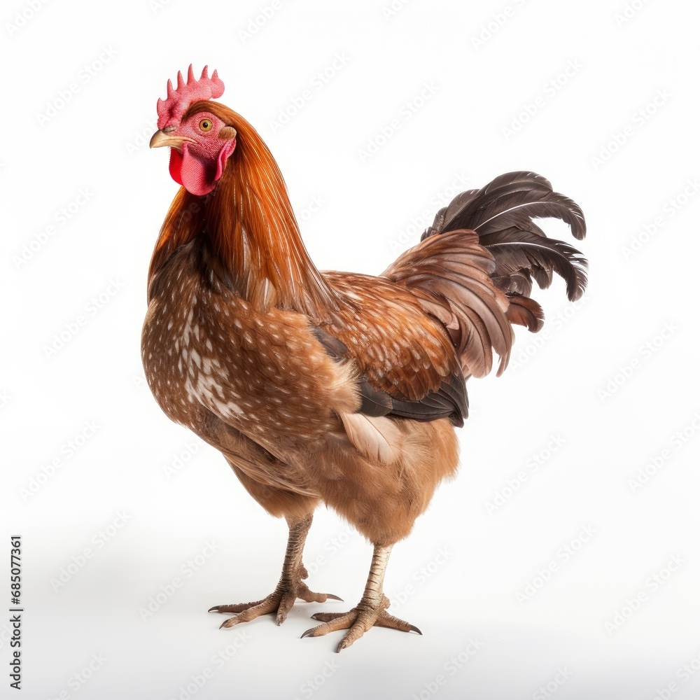 Beautiful full body view chicken on white background, isolated, professional animal photo