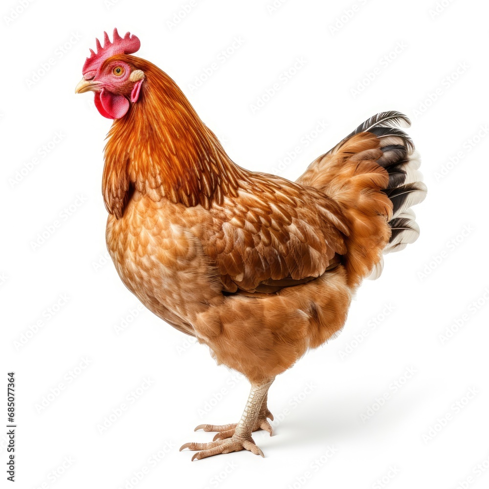 Beautiful full body view chicken on white background, isolated, professional animal photo