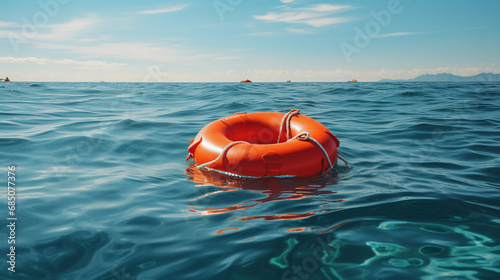 Life buoy ring floating on ocean in sunny day, safety and rescue equipments