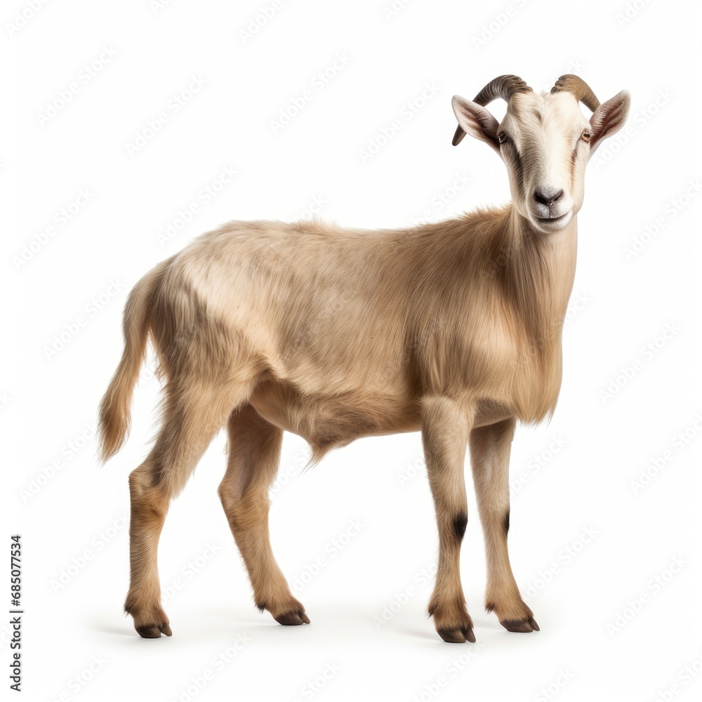 Beautiful full body view goat on white background, isolated, professional animal photo