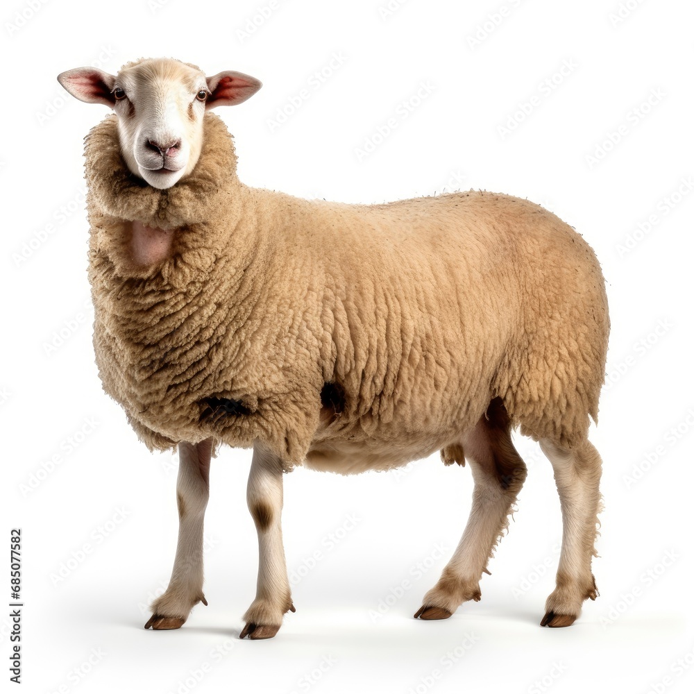 Fototapeta premium Beautiful full body view sheep on white background, isolated, professional animal photo