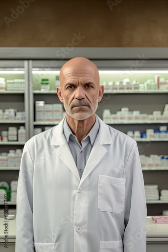 Portrait of a mature male pharmacist standing in a drugstore, Pharmacy concept, ai generative