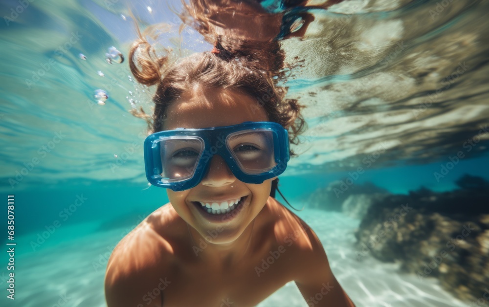 Naklejka premium Niña haciendo snorkel en una playa paradisiaca de aguas cristalinas.