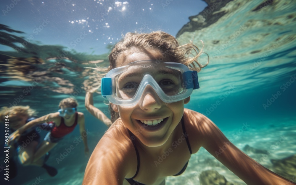 Fototapeta premium Bajo la Superficie: Chica Aventurera Explorando los Secretos del Océano