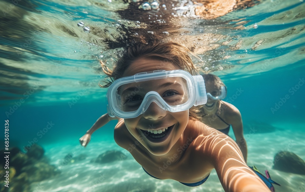 Fototapeta premium Sumérgete en la Belleza: Chica Disfrutando del Buceo en Aguas Cristalinas