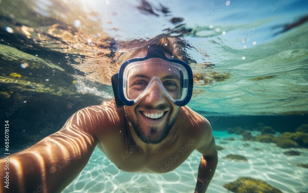 Naklejka premium Selfie bajo el agua de chico joven divertido mientras bucea. 