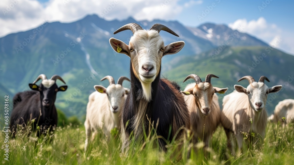 Domestic goats grazing with breathtaking landscape in background