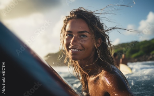 Chica surfer mira a camara en el mar mientras se prepara para surfear una ola. Deportista.  photo