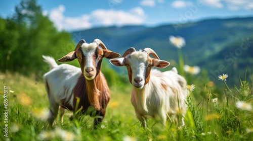 Domestic goats grazing with breathtaking landscape in background