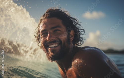 Chico surfero sonriente en el mar tras haber logrado navegar una maravillosa ola.  photo