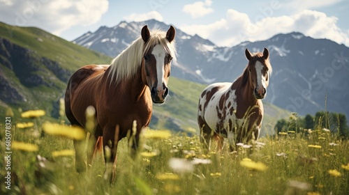 Beautiful horses grazing with breathtaking landscape in background © shooreeq