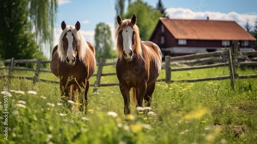 Beautiful horses grazing with breathtaking landscape in background