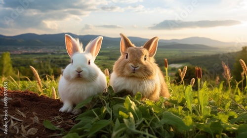 Domestic rabbits grazing with breathtaking landscape in background
