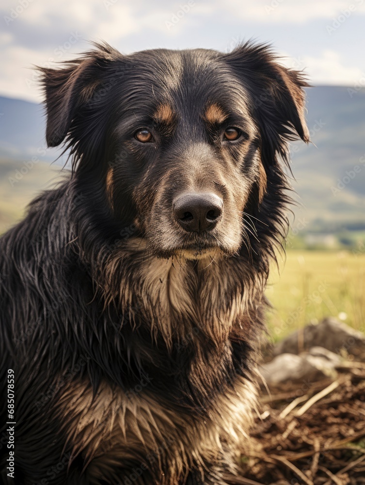 Farm dog shepherd with beautiful countryside in the background Farm dog shepherd with beautiful countryside in the background