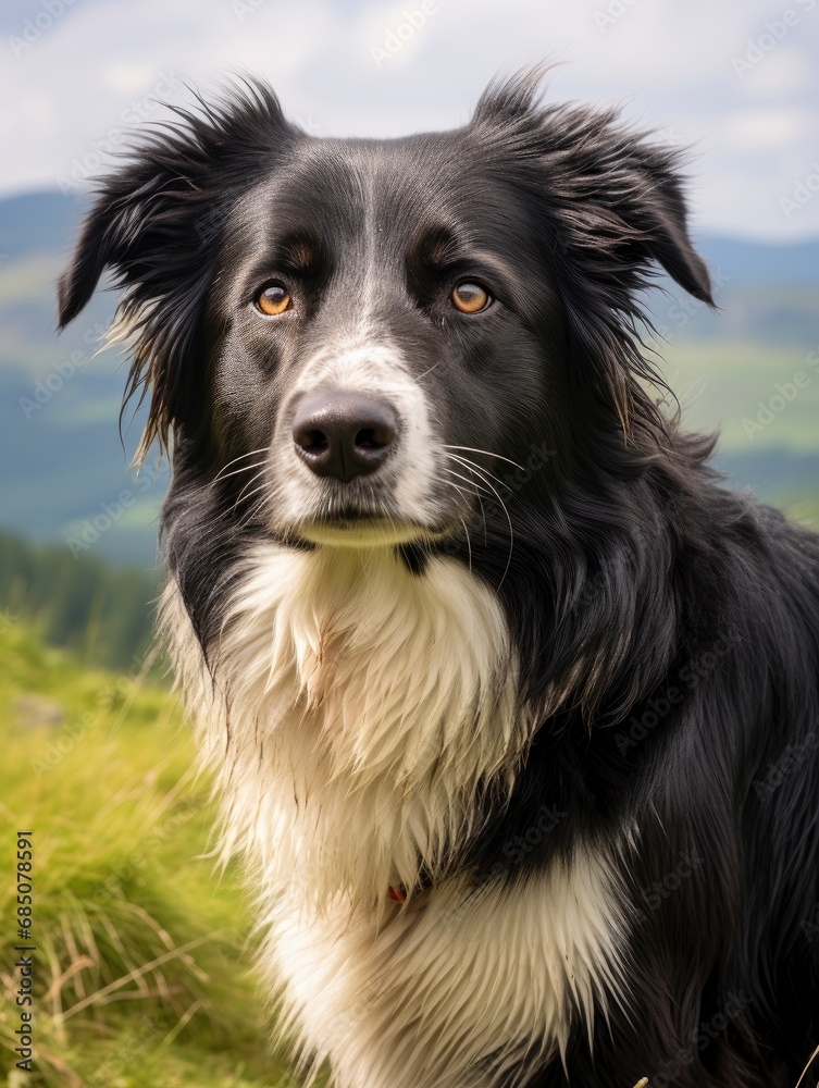 Farm dog shepherd with beautiful countryside in the background Farm dog shepherd with beautiful countryside in the background