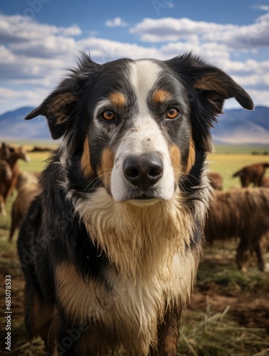 Farm dog shepherd with beautiful countryside in the background © shooreeq